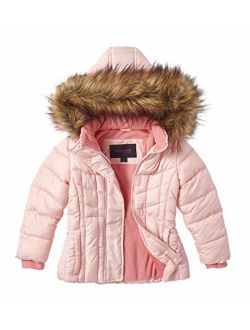 Sportoli Girls Quilted Fleece Lined Winter Puffer Jacket Coat Faux Fur Trim Zip-Off Hood - Blush (7/8)