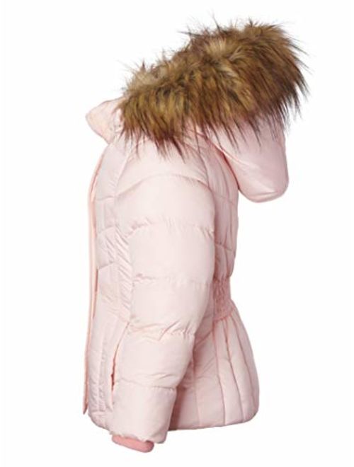 Sportoli Girls Quilted Fleece Lined Winter Puffer Jacket Coat Faux Fur Trim Zip-Off Hood - Blush (7/8)