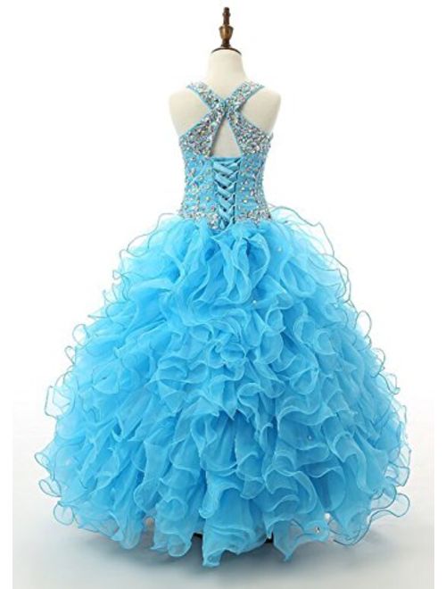 Baoji Girls' Crystal Body Straps Layered Ball Gown Ruffles Pageant Dresses