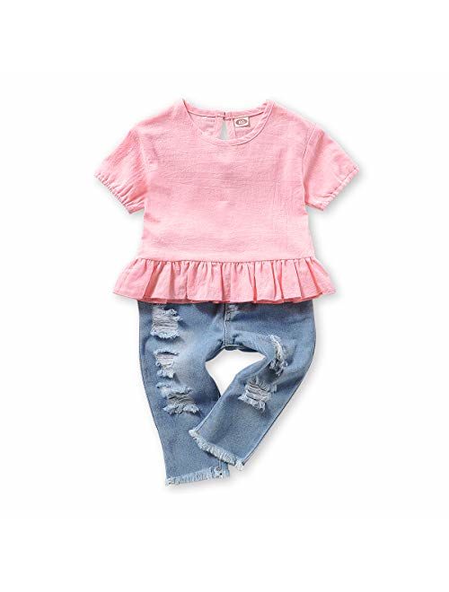 Mikrdoo 2 Pcs Toddler Girl Summer Outfits Floral Shirt Tops + Ripped Denim Shorts Summer Clothes Set