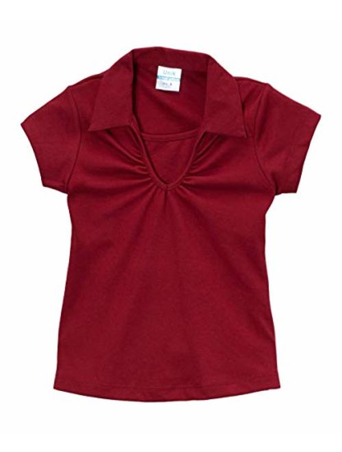 unik Girl's Uniform V-Neck Collar Shirt Short Sleeve Great for School Burgundy Navy White Sky Blue Green Purple Yellow Red
