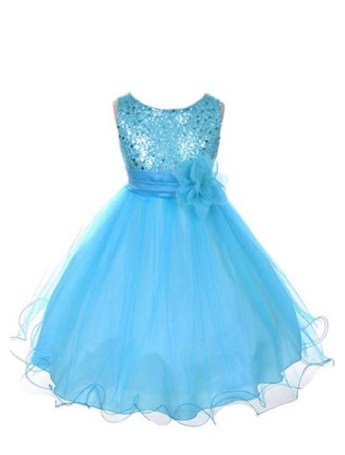Absolutely Beautiful Sequined Bodice with Double Tulle Skirt Party flower Girl Dress-KD305-Turquoise