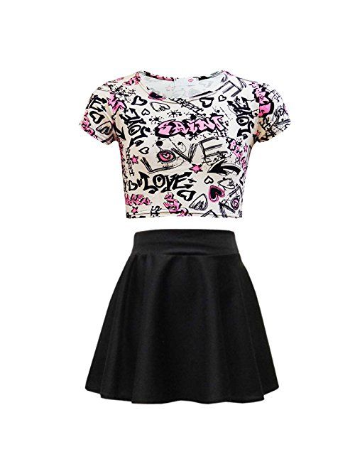 Kids Girls Love Graffiti Crop Top & Black Skater Skirt Set 7 8 9 10 11 12 13 Yr