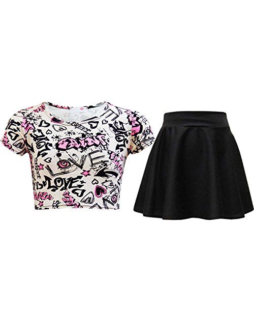 Kids Girls Love Graffiti Crop Top & Black Skater Skirt Set 7 8 9 10 11 12 13 Yr