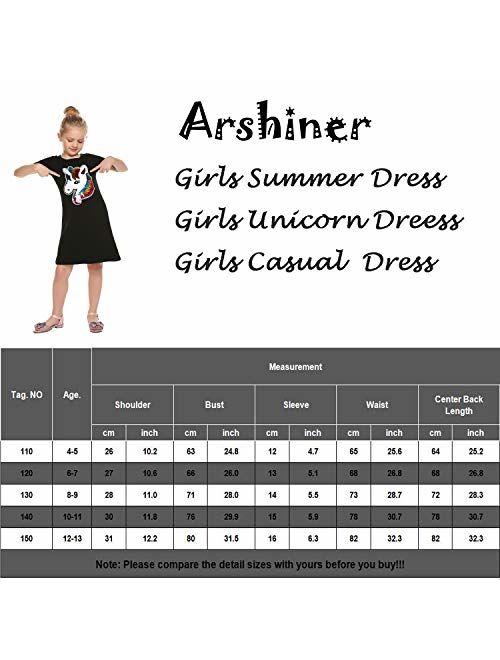 Arshiner Girls Cotton Dress Short & Long Sleeves Casual Summer Flip Sequin Unicorn T-Shirt Dresses