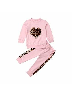 Toddler Baby Girl Fall Winter Clothes Leopard Heart Long Sleeve Tops Legging Pants Tracksuit Sweatsuit 2Pcs Outfit Set