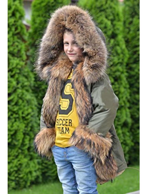 Aofur Kids Unisex Coat Winter Black Jacket Faux Fur Parka Casual Hooded Warm Trench Outwear Children Clothes for Girls Boys