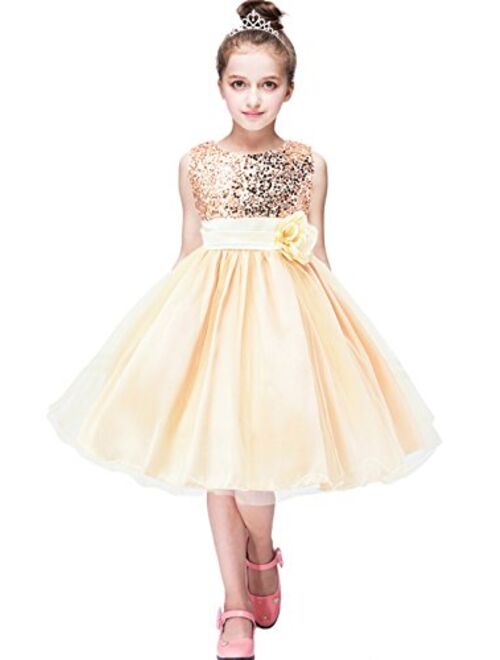 YMING Girls Flower Princess Tutu Party Dress Sequin Flare Lace Princess Dress