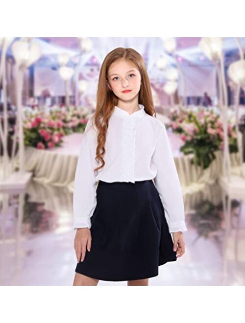 SOLOCOTE Girls White Blouse Ruffle Long Sleeve Button Down Shirts Princess Cotton Loose Soft Tops Spring and Summer 3-14Y