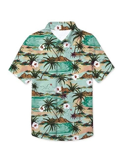 RAISEVERN Boys' Button Down Shirts Hawaiian Cartoon Print Slim-Fit Short Sleeve Cool Dress Shirt Cute Top for Kids(2-14T)