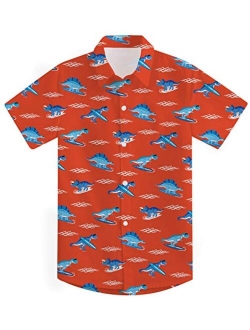 RAISEVERN Boys' Button Down Shirts Hawaiian Cartoon Print Slim-Fit Short Sleeve Cool Dress Shirt Cute Top for Kids(2-14T)