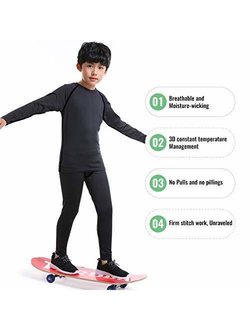TERODACO Kids Long Sleeve Compression 2 Pcs Set Thermal Base Layer Suits Unisex