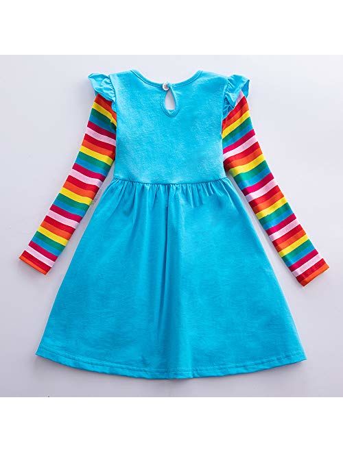 JUXINSU Cotton Girls Flower Rainbow Long Sleeve Dresses Butterfly Animal for Kids 3-8 Years