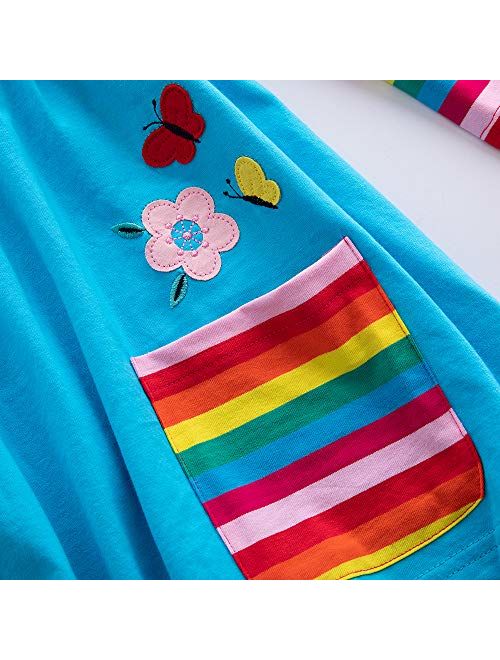 JUXINSU Cotton Girls Flower Rainbow Long Sleeve Dresses Butterfly Animal for Kids 3-8 Years