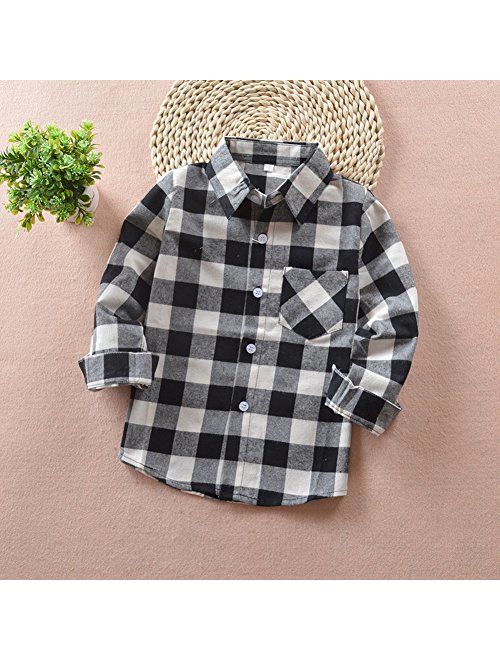 Qin.Orianna Little Kids Classic Long Sleeve Button Down FlannelPlaid Shirt