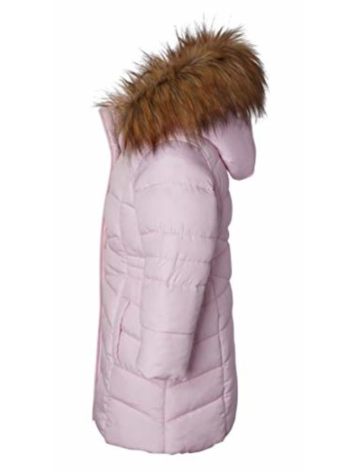 Girls' Midlength Quilted Fleece Lined Winter Puffer Jacket Coat Zip-Off Fur Hood-Light Pink (14/16)