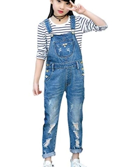 LAVIQK 3-14 Years Kids Big Girls Jumpsuits & Rompers Distressed Bib Denim Overalls Blue Long Jeans Stretchy Ripped Jeans