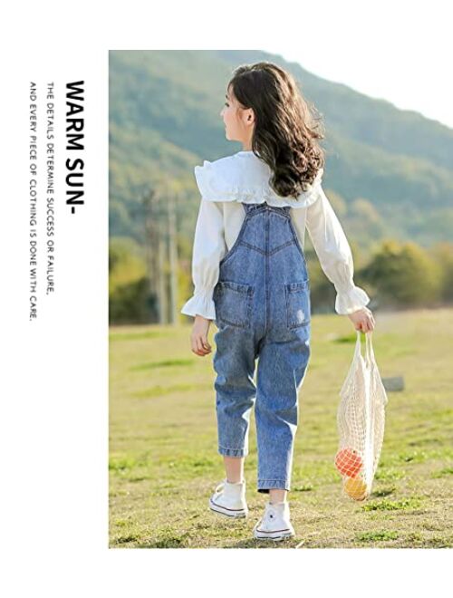 LAVIQK 3-14 Years Kids Big Girls Jumpsuits & Rompers Distressed Bib Denim Overalls Blue Long Jeans Stretchy Ripped Jeans 