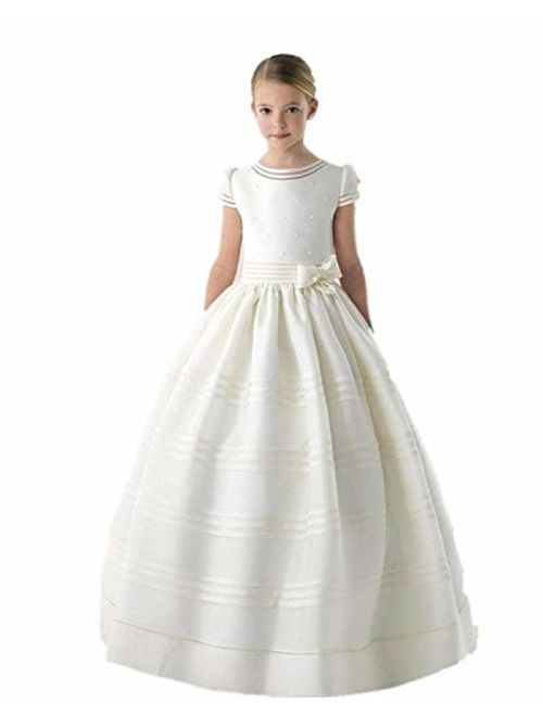 Graceprom Girls' First Communion Dress With Bow Flower Dress White