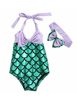 Qvete Little Girls Swimmable Swimsuit Mermaid Princess Bikini Swim Bathing Suit Set+Headband