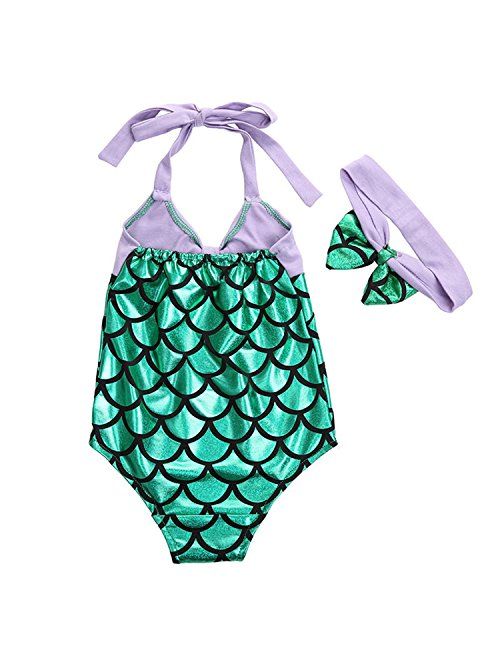 Qvete Little Girls Swimmable Swimsuit Mermaid Princess Bikini Swim Bathing Suit Set+Headband
