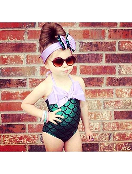 Qvete Little Girls Swimmable Swimsuit Mermaid Princess Bikini Swim Bathing Suit Set+Headband