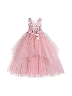 Girls Tulle Dresses 7-16 Flower Lace Pageant Party Wedding Floor Length Formal Dance Evening Gowns