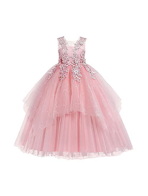 IBTOM CASTLE Girls Tulle Dresses 7-16 Flower Lace Pageant Party Wedding Floor Length Formal Dance Evening Gowns