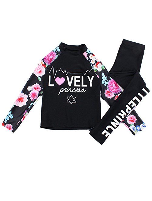 Baby Kids Girls Two Pieces Swimwear Long Sleeve Flower Print Full Body Sun Protection Rash Guard Swimsuit