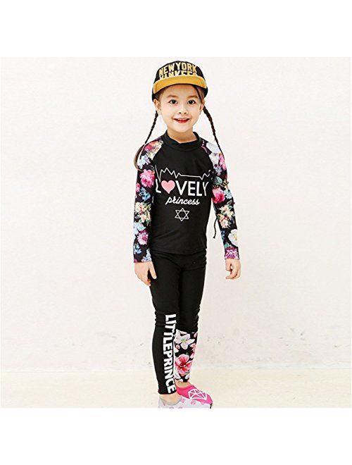 Baby Kids Girls Two Pieces Swimwear Long Sleeve Flower Print Full Body Sun Protection Rash Guard Swimsuit