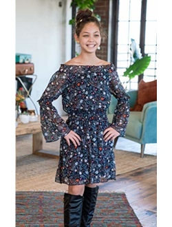 Smukke, Big Girls Tween Beautiful Floral Printed Long Sleeves Dresses (with Options), 7-16