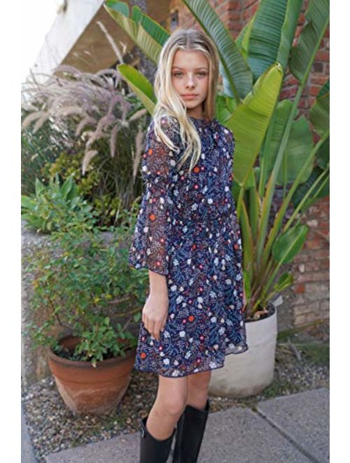 Smukke, Big Girls Tween Beautiful Floral Printed Long Sleeves Dresses (with Options), 7-16