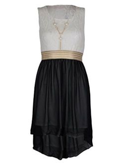 NOROZE Girls Sleeveless Asymmetrical Chiffon Dress + Necklace