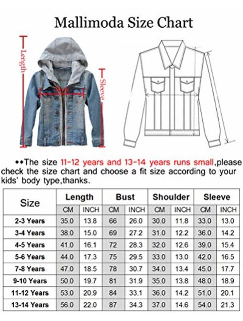 Mallimoda Kids Boys Girls Hooded Denim Jacket Zipper Coat Outerwear