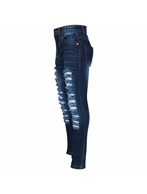 Kids Girls Skinny Jeans Denim Ripped Fashion Stretchy Dark Blue Pants Jeggings
