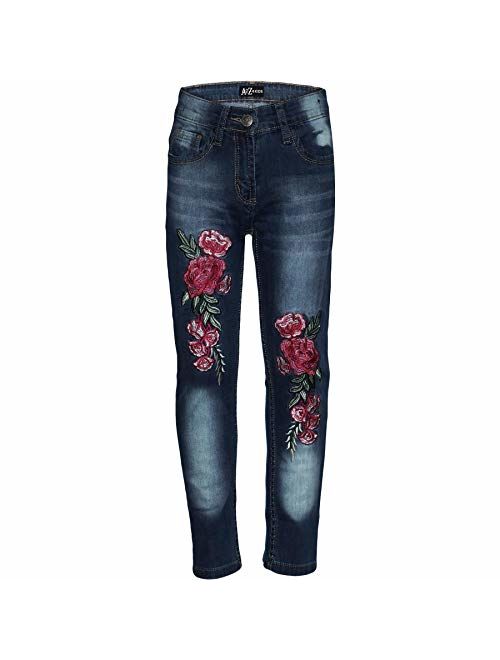 A2Z Kids Girls Stretchy Jeans Designer Rose Embroidered Denim Pants Trousers Jegging