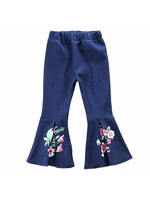 Danmeifu Kids Little Girls Floral Bell Bottom Flare Pants Denim Jeans Trousers