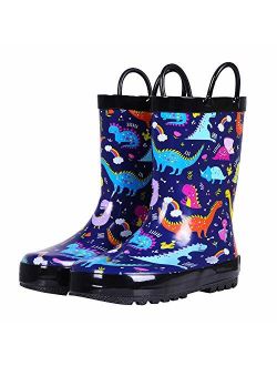 Colorxy Toddler Kids Rain Boots with Easy On Handles, Waterproof Rubber Cute Patterns Wellies Rainboots for Girls & Boys