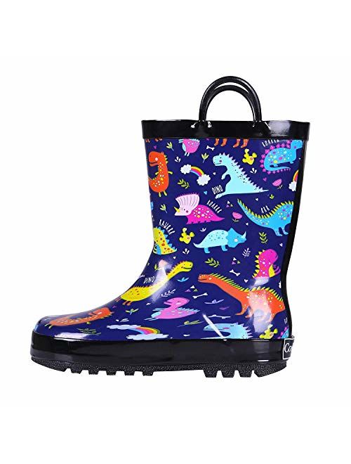 Colorxy Toddler Kids Rain Boots with Easy On Handles, Waterproof Rubber Cute Patterns Wellies Rainboots for Girls & Boys