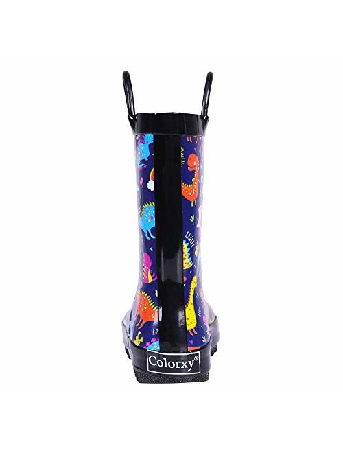 Colorxy Toddler Kids Rain Boots with Easy On Handles, Waterproof Rubber Cute Patterns Wellies Rainboots for Girls & Boys