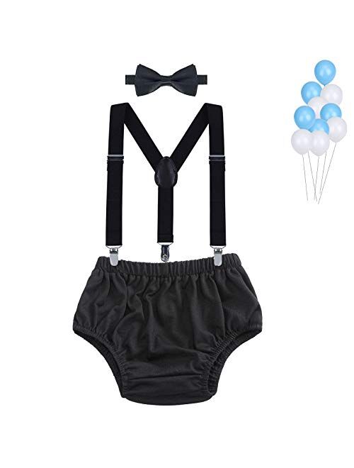 HIHCBF Baby Boys First Birthday Party Outfits Cake Smash Photo Shoot Costume ONE Bloomers Suspenders Bow Tie Headband