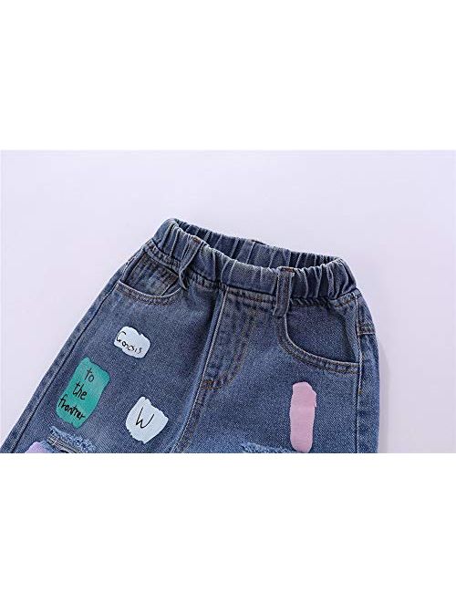Mud Kingdom Little Girls Ripped Jeans Elastic Waist Colorful Letters