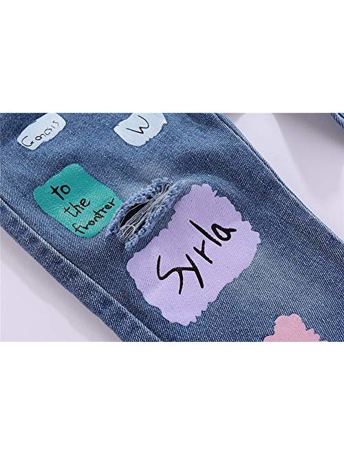 Mud Kingdom Little Girls Ripped Jeans Elastic Waist Colorful Letters