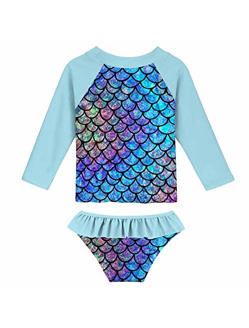 ALOOCA Little Girls Two Pieces Rash Guard Swimsuit Set Long Sleeve Print Bikini Bathing Suit UPF50+ Beach Swimwear 2-8T