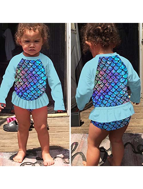 ALOOCA Little Girls Two Pieces Rash Guard Swimsuit Set Long Sleeve Print Bikini Bathing Suit UPF50+ Beach Swimwear 2-8T