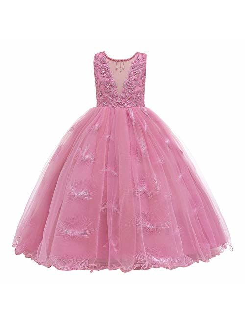 IBTOM CASTLE Little Big GirlsTulle Retro Vintage Dresses Flower Lace Pageant Party Wedding Floor Length Dance Evening Gown