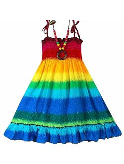 Girls Bohemian Dresses Floral Sleeveless Rainbow Beach Sundress with Necklace
