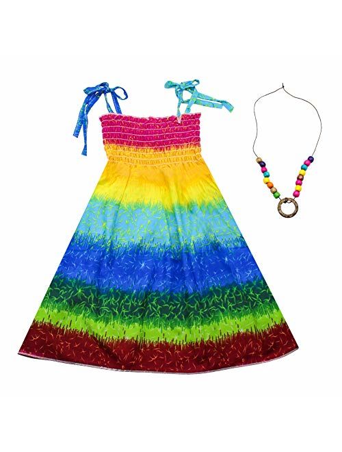 Girls Bohemian Dresses Floral Sleeveless Rainbow Beach Sundress with Necklace