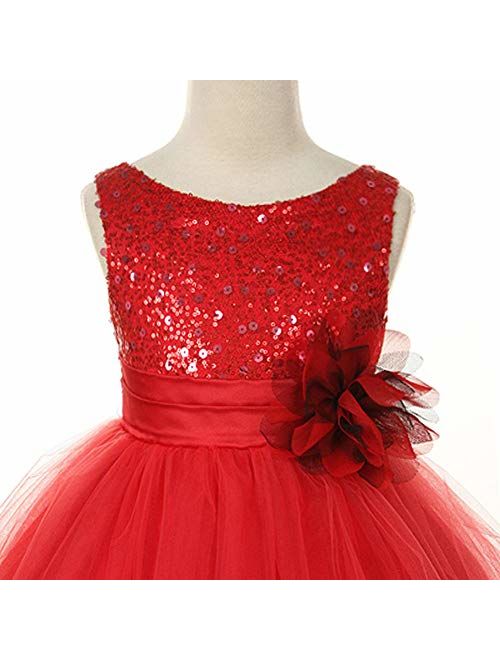 Kids Dream Little Girls Red Sequin Bodice Floral Overlaid Flower Girl Dress 2-6