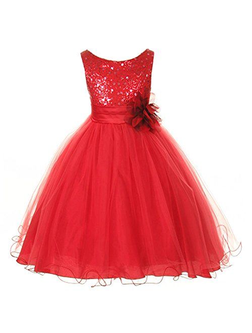 Kids Dream Little Girls Red Sequin Bodice Floral Overlaid Flower Girl Dress 2-6